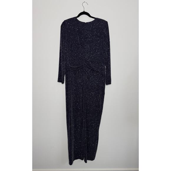 NWT Plus Size Formal Gown Navy Glitter Long Sleeve | Wrap Maxi Evening Dress 16W - Picture 3 of 6